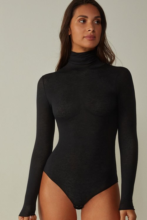 Intimissimi High Collar Bodysuit in Modal Ultralight with Cashmere Zwart Zwart | FMBRV9063