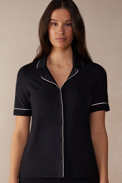 Intimissimi Kort Sleeve Button Up Shirt in Modal Zwart Zwart | IXJLU6874