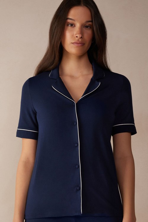 Intimissimi Kort Sleeve Button Up Shirt in Modal Blauw Blauw | MCOQK9671