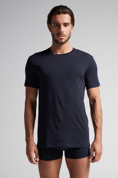 Intimissimi Kort Sleeve Crew Neck T Shirt in Supima® Katoenen Blauw | AWMCB0485