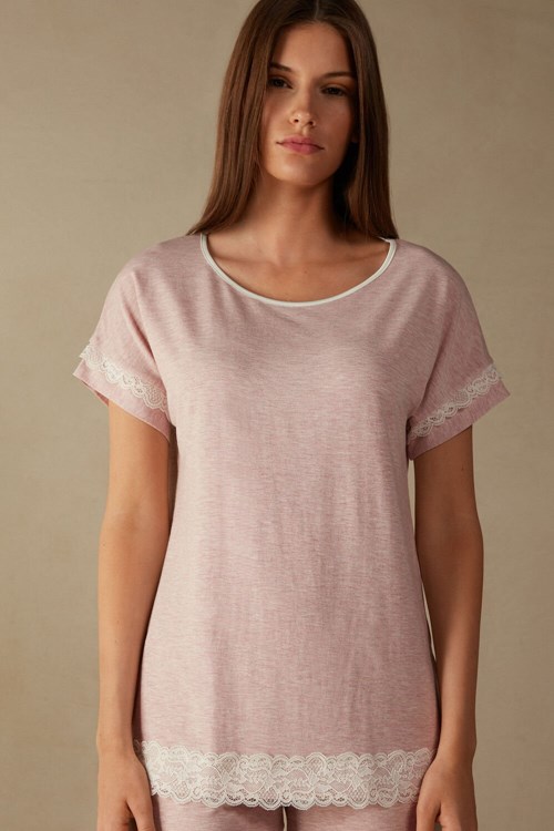 Intimissimi Kort-Sleeve Modal Top with Kanten Detail Roze Lichtroze | HTXJA8296