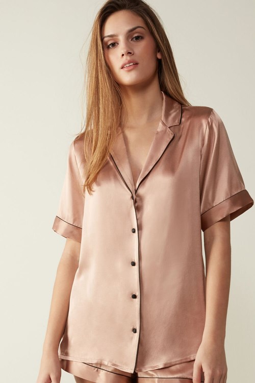 Intimissimi Kort Sleeve Silk Shirt with Contrast Trim Roze | FOBNY0258