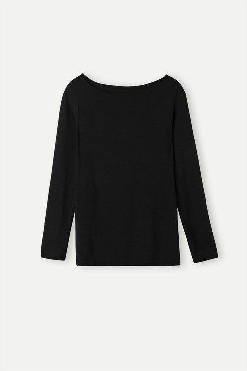 Intimissimi Long Sleeve Bateau Neck Top in Micromodal Zwart Zwart | ELTXM1507