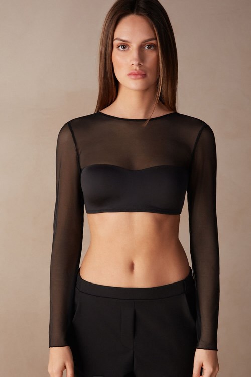 Intimissimi Long Sleeve Bra Top in Ultralight Microfiber and Tulle Zwart Zwart | CGSAU3651