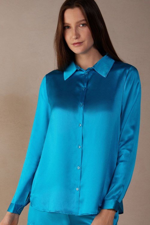 Intimissimi Long Sleeve Silk Shirt Blauw Turquoise | OFVAE3520