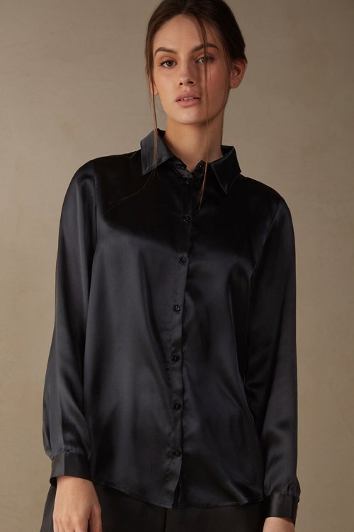 Intimissimi Long Sleeve Silk Shirt Zwart Zwart | RQGYJ5643