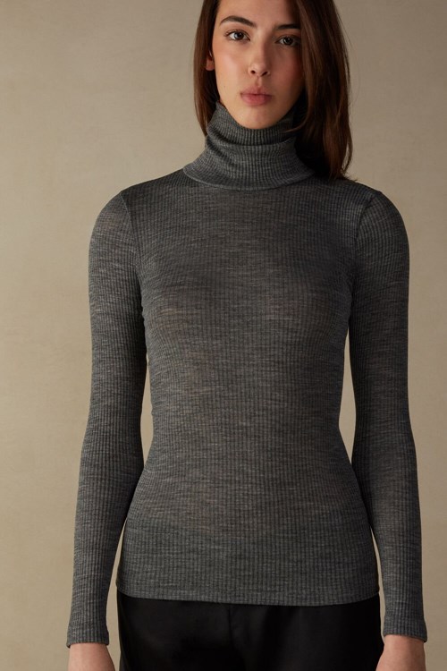 Intimissimi Long-sleeve High-Neck Tubular Top in Wol and Silk Grijs Grijs | ERHQV5614