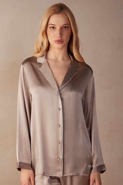 Intimissimi Mannish-Cut Jacket in Silk Satin Beige | GTJYM1759