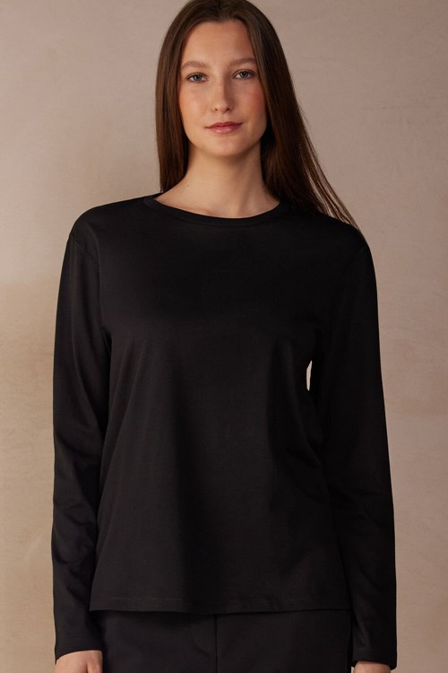 Intimissimi Oversized Long Sleeve Top in Supima® Katoenen Zwart Zwart | DWMPZ0987