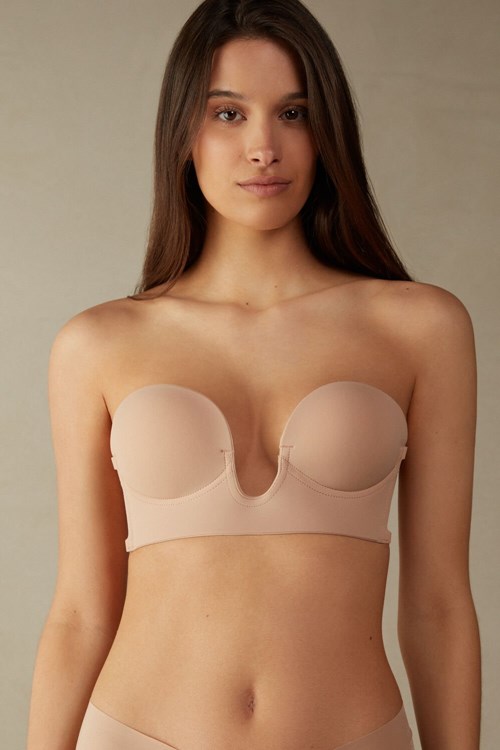 Intimissimi Stick-On Bandeau Plunge Bra with Graduated Cups Beige | IATWV2378