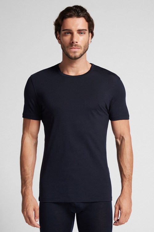 Intimissimi Stretch Merino Wol Kort-Sleeve T-Shirt Blauw Blauw | MBOVI7032