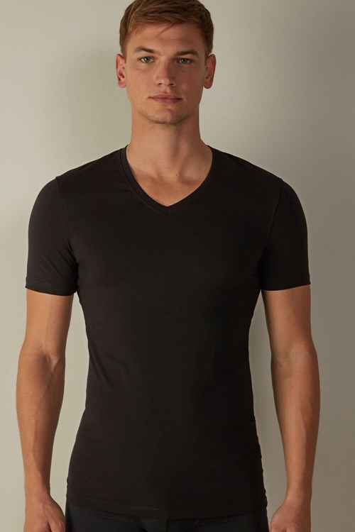 Intimissimi V-neck T-shirt in Stretch Supima® Katoenen Zwart Zwart | FDIWO3401