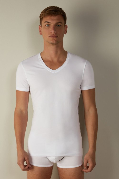 Intimissimi V-neck T-shirt in Stretch Supima® Katoenen Wit Wit | MWBUA1869