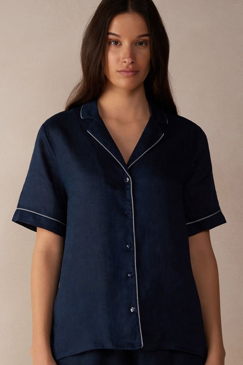 Intimissimi Yacht Night Linen Kort Sleeve Shirt Blauw Blauw | EYTMB1780