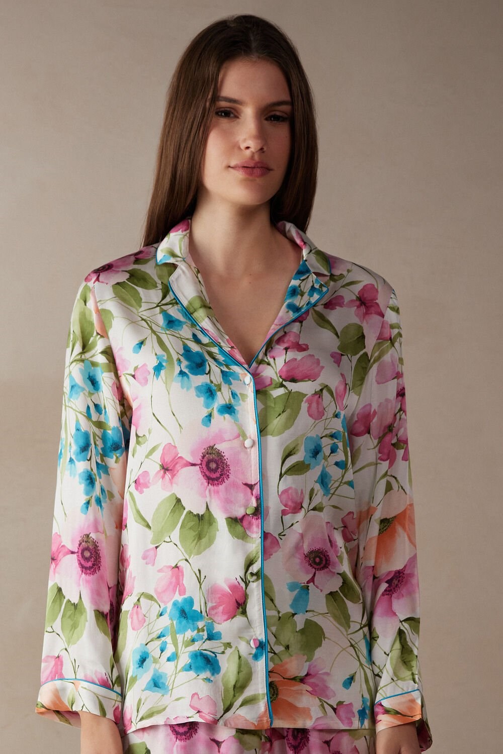 Intimissimi Botanical Lyrics Satin Button Up Shirt Print - 228j - Botanical Lyrics Print | NJHES8375