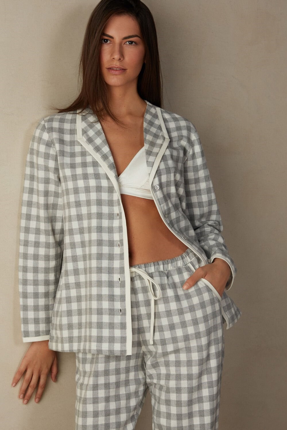 Intimissimi Gingham Lover Shirt in Brushed Cloth Wit Grijs | DCFVS6198