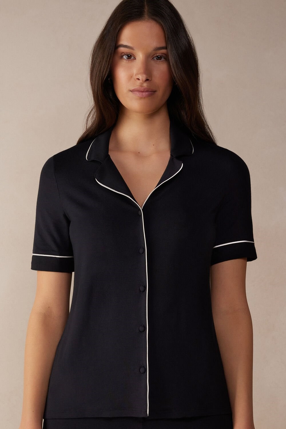 Intimissimi Kort Sleeve Button Up Shirt in Modal Zwart Zwart | IXJLU6874