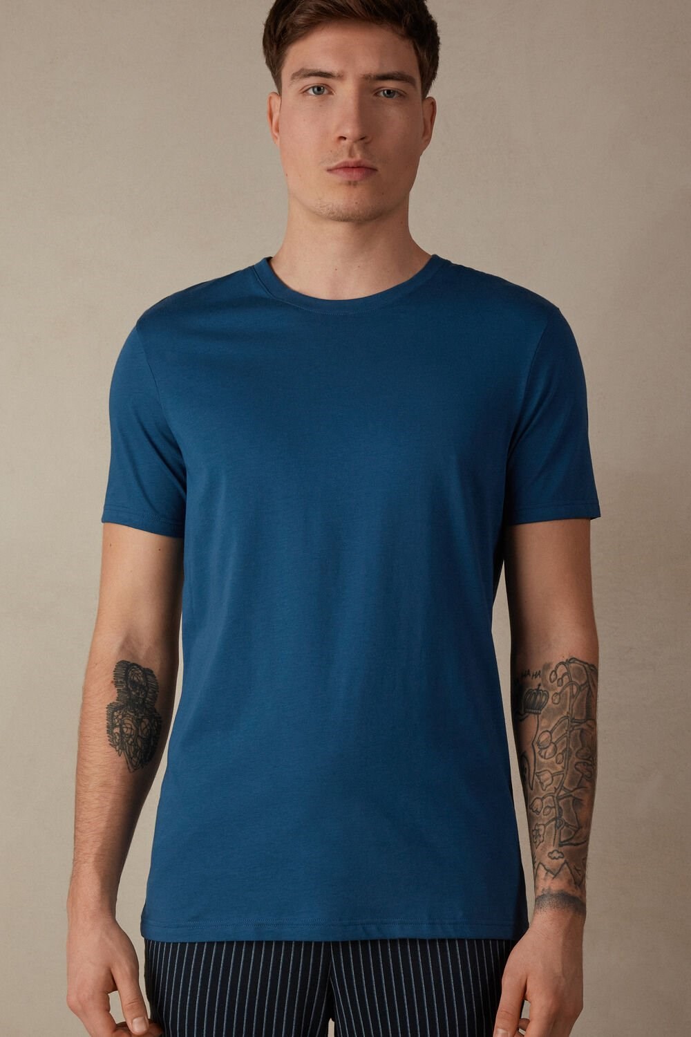 Intimissimi Kort Sleeve Crew Neck T Shirt in Supima® Katoenen Blauw Blauw | RNFGY5342