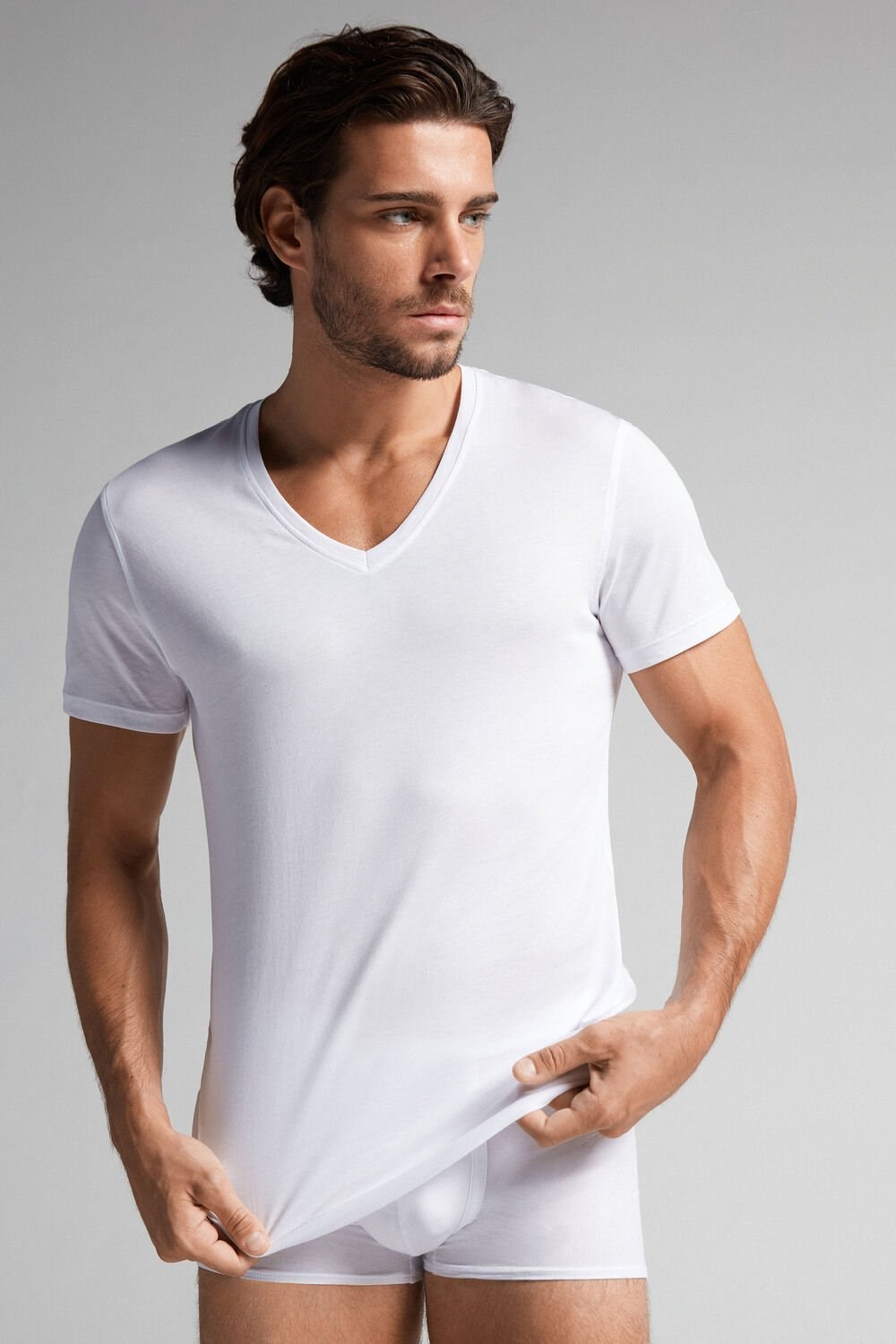 Intimissimi Kort-Sleeve V-Neck T Shirt in Extra-Fine Supima® Katoenen Wit Wit | MPDNR7836