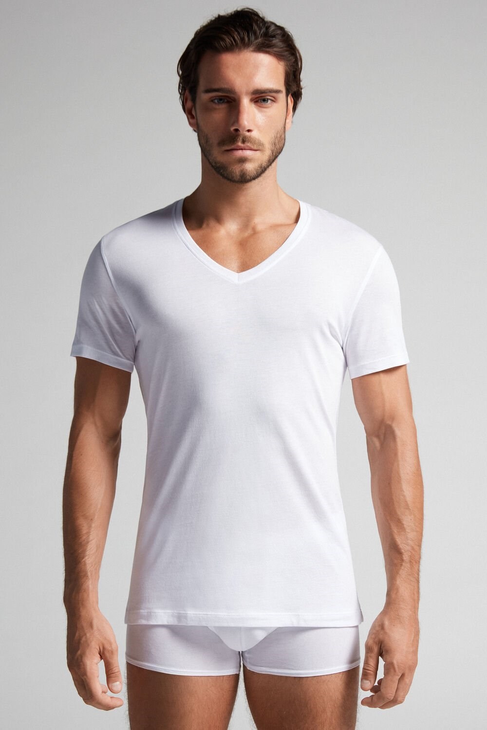 Intimissimi Kort-Sleeve V-Neck T Shirt in Extra-Fine Supima® Katoenen Wit Wit | MPDNR7836