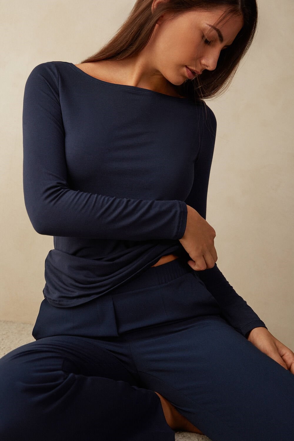 Intimissimi Long Sleeve Bateau Neck Top in Micromodal Blauw Blauw | MZKIE7208