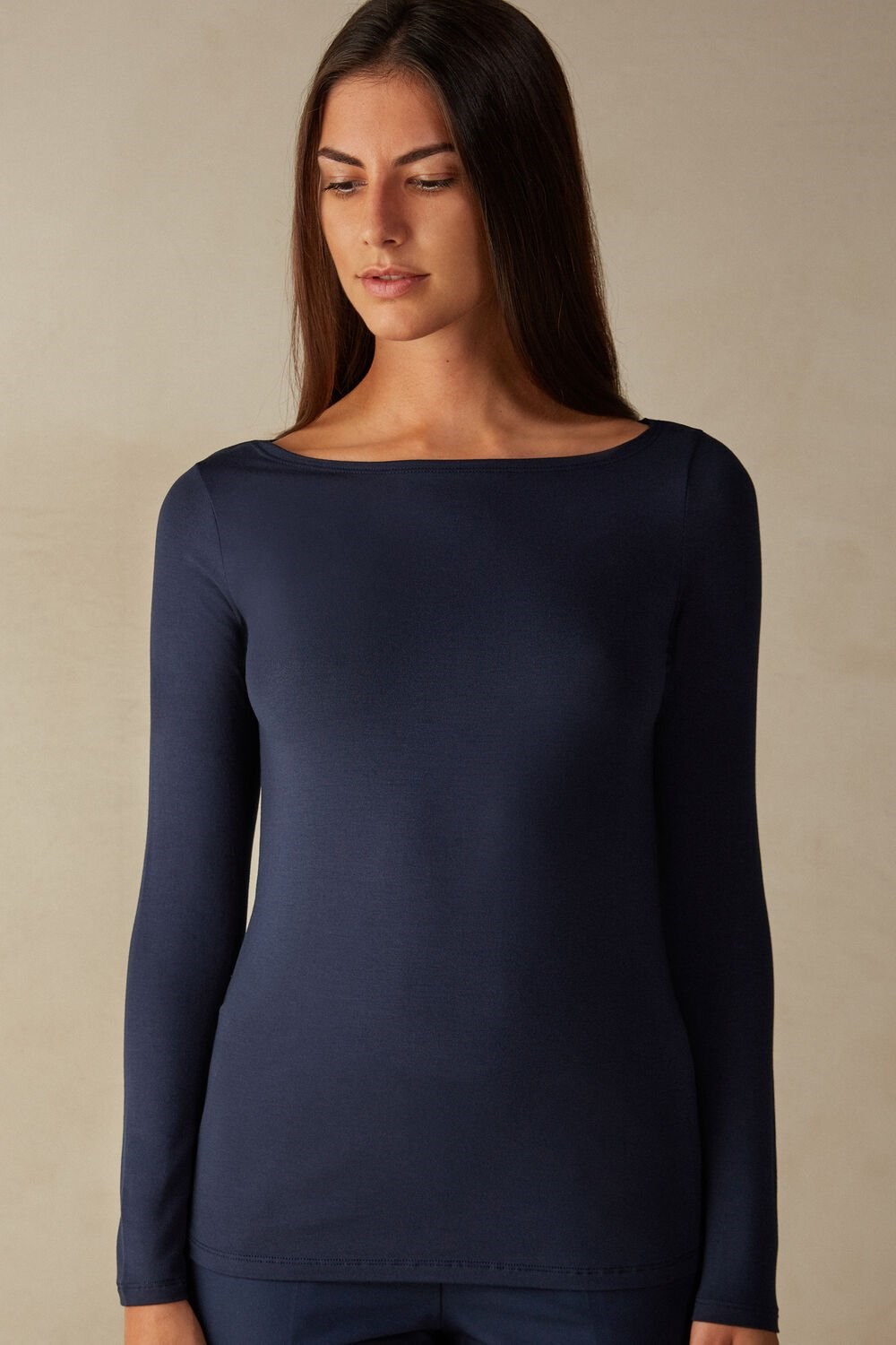 Intimissimi Long Sleeve Bateau Neck Top in Micromodal Blauw Blauw | MZKIE7208