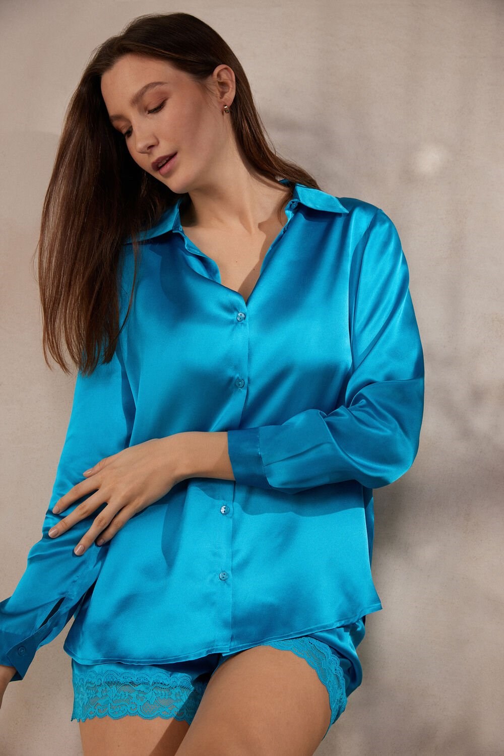 Intimissimi Long Sleeve Silk Shirt Blauw Turquoise | OFVAE3520