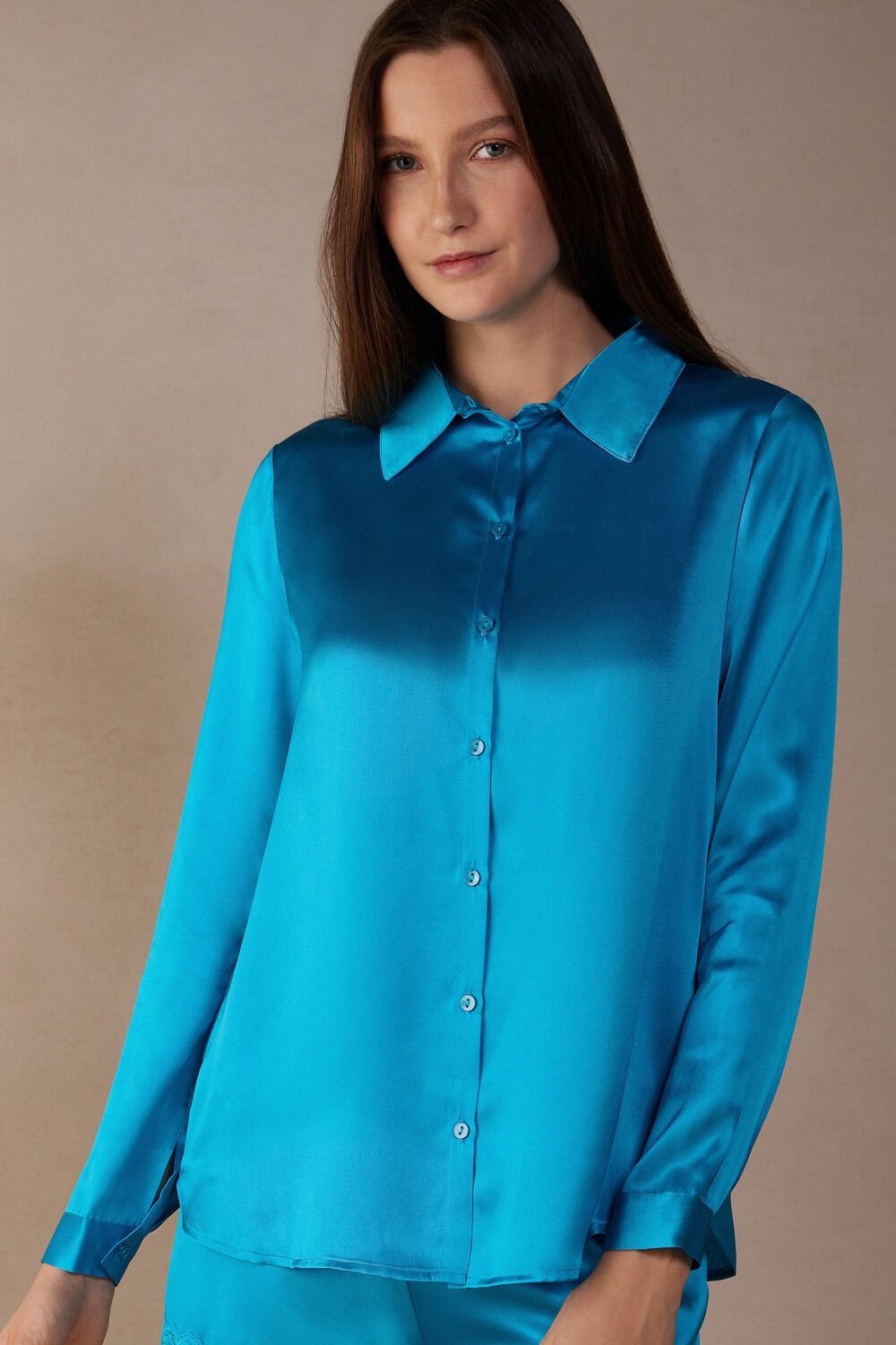 Intimissimi Long Sleeve Silk Shirt Blauw Turquoise | OFVAE3520