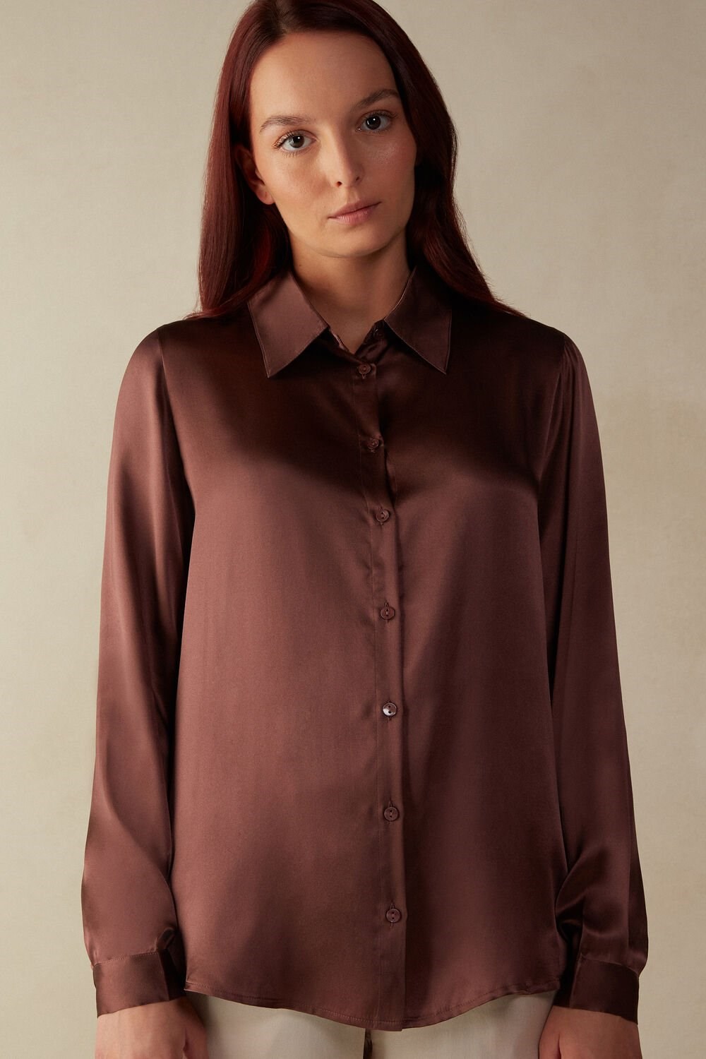 Intimissimi Long Sleeve Silk Shirt Bruin Bruin | XFNCL0984