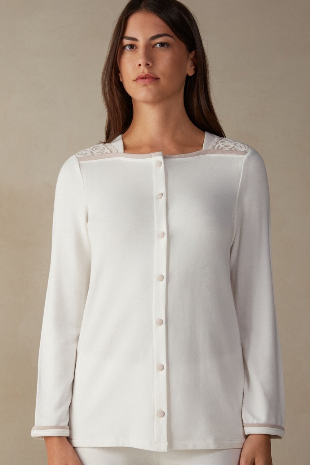 Intimissimi Romantic Bedroom Button Up Top in Modal with Wol Wit Wit Roze | MHGEQ9825