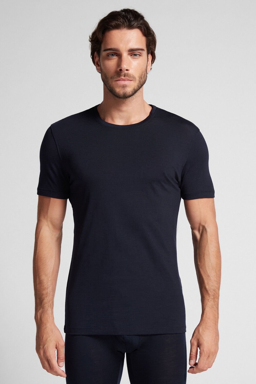 Intimissimi Stretch Merino Wol Kort-Sleeve T-Shirt Blauw Blauw | MBOVI7032