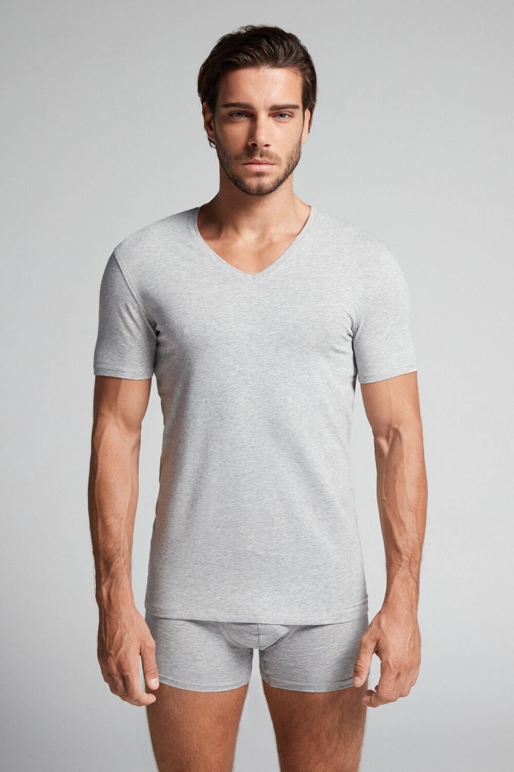 Intimissimi V-neck T-shirt in Stretch Supima® Katoenen Grijs Lichtgrijs | SJXBP0826