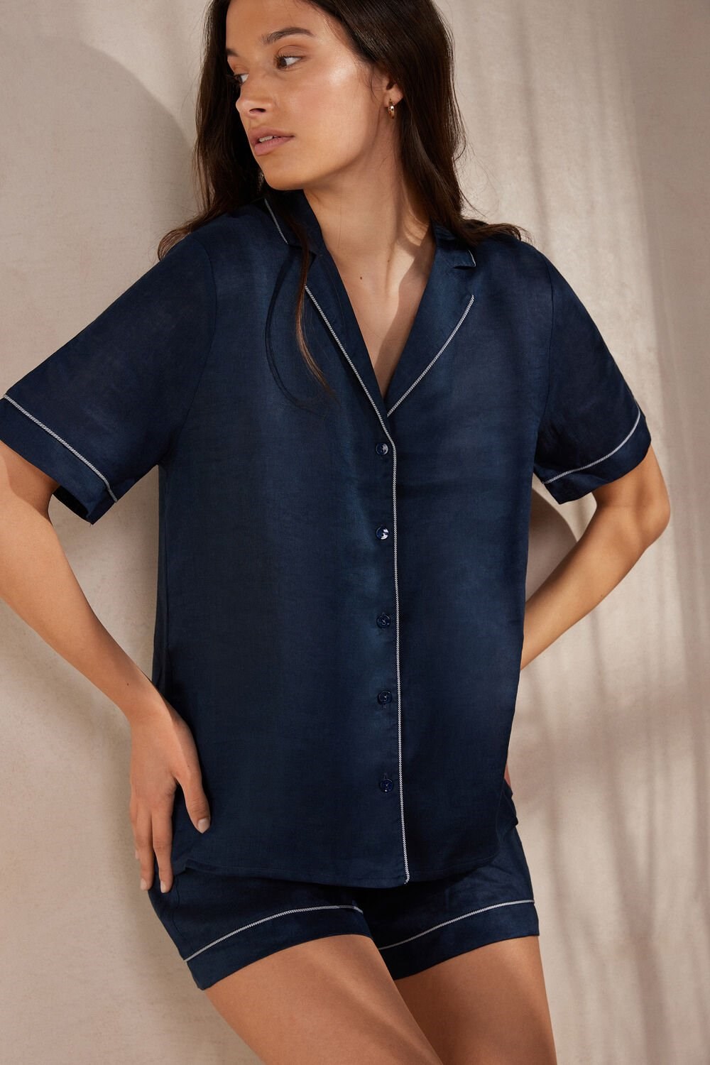 Intimissimi Yacht Night Linen Kort Sleeve Shirt Blauw Blauw | EYTMB1780